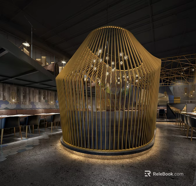 Modern Restaurant Interior With Golden Circular Lattice Structure And Dining Space 3d model