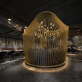 Modern Restaurant Interior With Golden Circular Lattice Structure And Dining Space 3d model