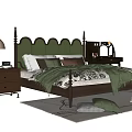Classic Wooden Double Bed with Pillows Green Blanket Nightstand Lamp Rug and Cushions