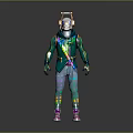 Futuristic Character In Green Armor With Colorful Accents And Mythical Creature Companion