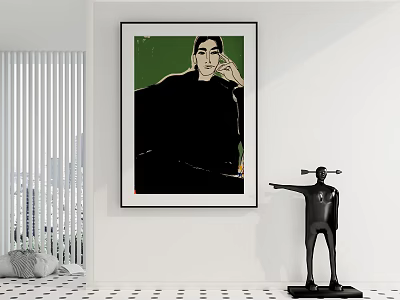 Modern Portrait Painting Of A Person With Green Background Black Clothing In Interior With Sculpture 3d model