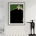 Modern Portrait Painting Of A Person With Green Background Black Clothing In Interior With Sculpture