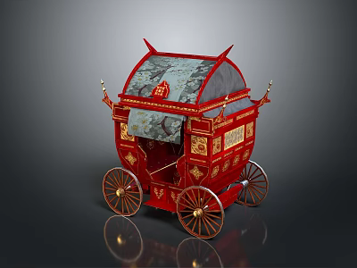 Wooden Stone Traditional Carriage With Red Body Golden Decorations And Ornate Wheels 3d model