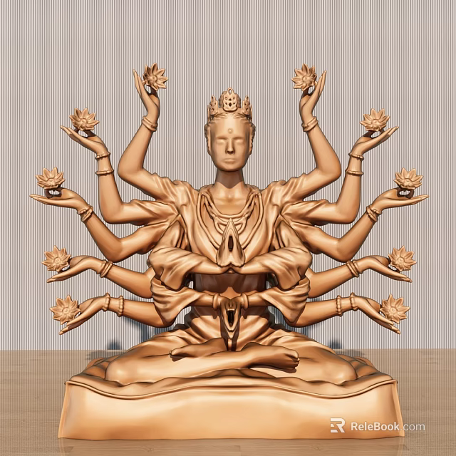 Detailed Golden Multi Armed Guanyin Sculpture Carving With Lotus Flowers And Seated Posture 3d model 