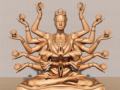 Detailed Golden Multi Armed Guanyin Sculpture Carving With Lotus Flowers And Seated Posture 3d model