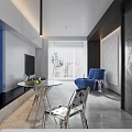 Living Room with Large Blue Cushion Ornamental Object and Cat on Gray Floor