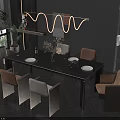 Modern Dining Table Set with Beige Brown Chairs Wavy Neon Light Potted Plant Dark Wall