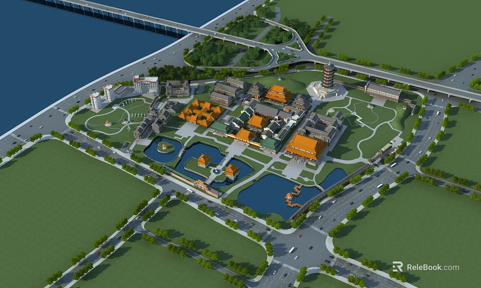 Aerial View of Ancient Architectural Complex With Orange Roofs Ponds and Garden Landscapes 3d model 