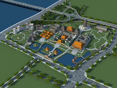 Aerial View of Ancient Architectural Complex With Orange Roofs Ponds and Garden Landscapes 3d model