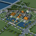 Aerial View of Ancient Architectural Complex With Orange Roofs Ponds and Garden Landscapes