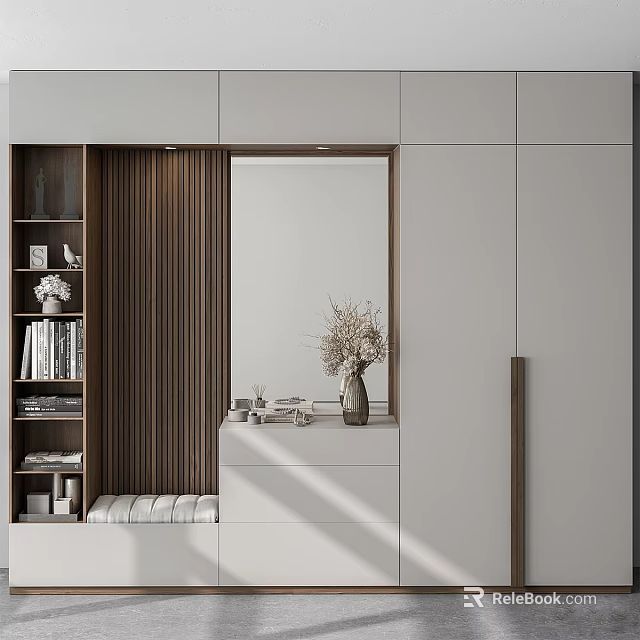 Modern Wardrobe Interior Design With Mirror Wooden Stripes Open Shelves Vase and Books 3d model 