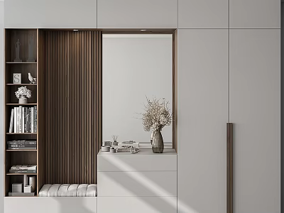 Modern Wardrobe Interior Design With Mirror Wooden Stripes Open Shelves Vase and Books 3d model