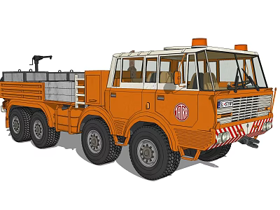 Orange TATRA Heavy Duty Truck With Multiple Wheels Front Red White Stripes And Warning Lights 3d model