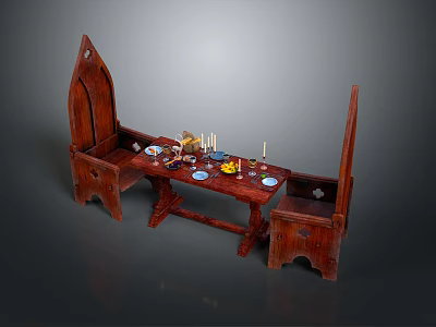 Traditional Mahogany Dining Table Set With Two Chairs And Tableware Candles 3d model