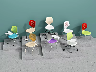 Modern Single Chairs In Various Colors Displayed On Staged Platforms 3d model