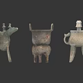 Ancient Bronze Sculptures With Three Legs And Intricate Carvings On White Background