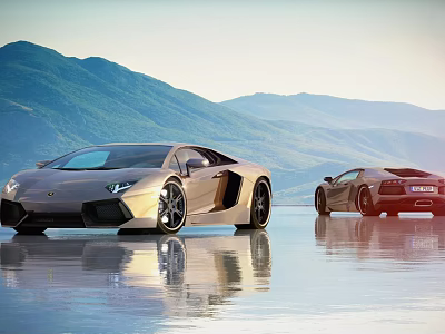 Luxury Sports Cars Sleek Body Design Mountain Backdrop And Water Reflection 3d model