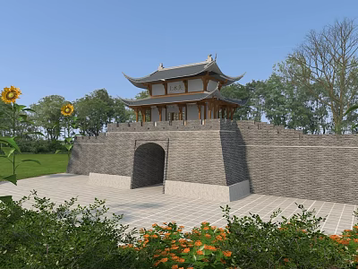 Ancient Chinese City Gate Tower With Upturned Eaves City Wall And Sunflowers 3d model