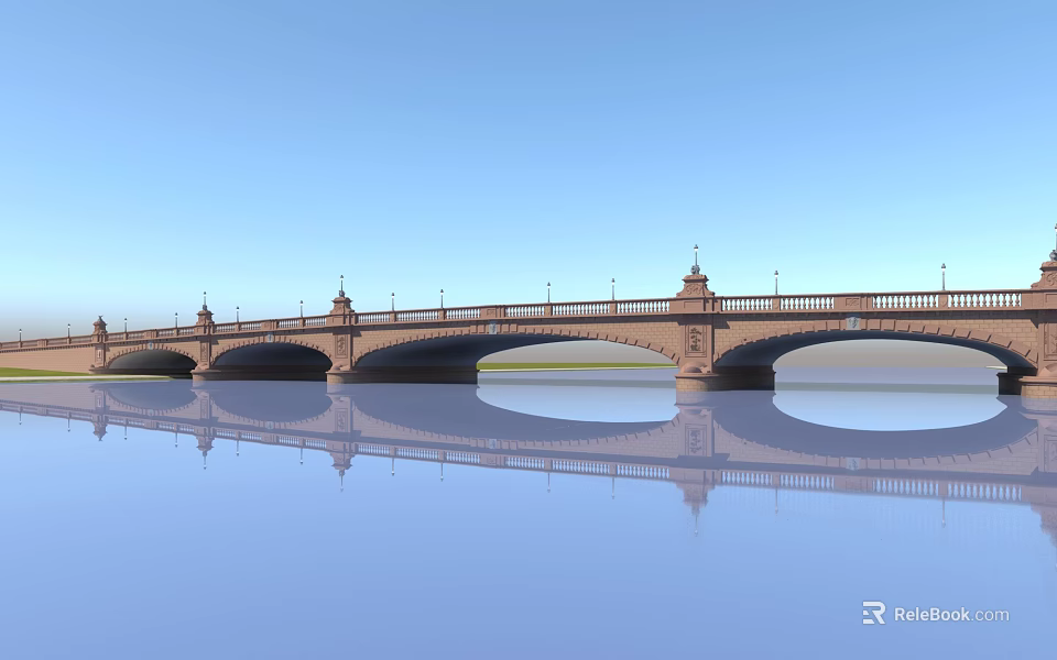 Classic Stone Bridge With Multiple Arches Lamp Posts And Calm Water Reflection Under Blue Sky 3d model 