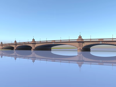 Classic Stone Bridge With Multiple Arches Lamp Posts And Calm Water Reflection Under Blue Sky 3d model