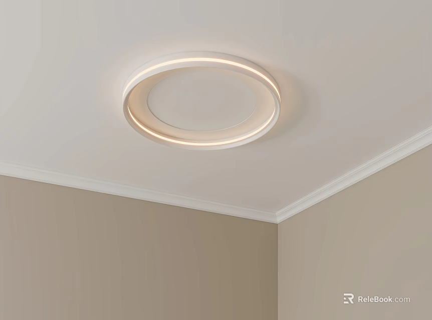 Bedroom with circular ceiling LED light soft warm glow white ceiling beige walls modern style 3d model 