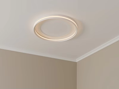 Bedroom with circular ceiling LED light soft warm glow white ceiling beige walls modern style 3d model