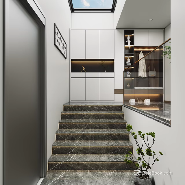 Modern Entryway Passage Design With Marble Stairs White Cabinets Decorative Painting And Green Plants 3d model 