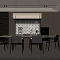 Modern Restaurant Interior Design With Dining Table Chairs Open Kitchen Tile Backsplash And Dark Cabinets 3d model