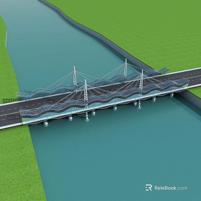 Modern Cable Stayed Bridge With Wavy Structure Over River And Green Grass 3d model 