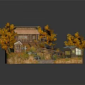 Colorful Cartoon Scene with Small Wooden House Orange Trees and Wooden Bridge Path