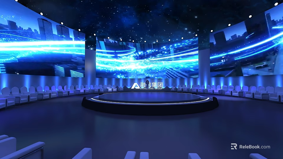 Modern Stage With Starry Sky Blue Lighting Large Screens And Circular Design 3d model 