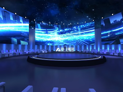 Modern Stage With Starry Sky Blue Lighting Large Screens And Circular Design 3d model