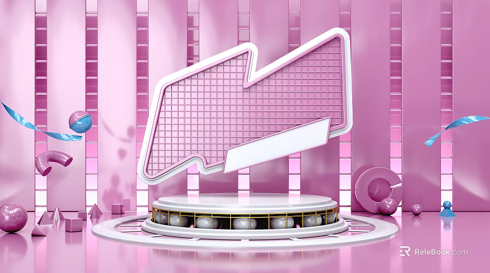 Circular Display Shelf with White Lightning Frame on Pink Background Bottom Lights and Blue Spheres 3d model