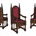 Vintage Style Wooden Armchairs With Red Cushions Carved Details And Spiked Backrests