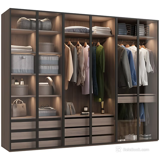 Modern Wardrobe Interior Design With Hanging Folded Clothes Drawers And Bags 3d model 