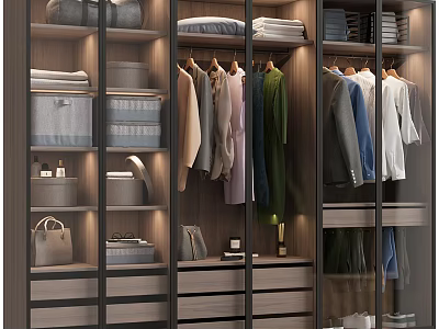 Modern Wardrobe Interior Design With Hanging Folded Clothes Drawers And Bags 3d model