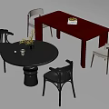Modern Dining Table Combination Featuring Round Black Table Rectangular Brown Table And Chairs 3d model
