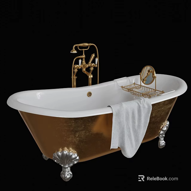 Gold and White Bathtub with Golden Faucet Metal Rack Mirror White Towel Decorative Silver Feet 3d model 