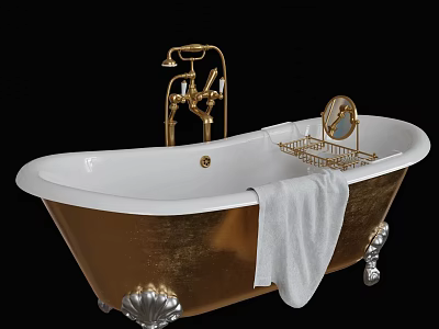 Gold and White Bathtub with Golden Faucet Metal Rack Mirror White Towel Decorative Silver Feet 3d model