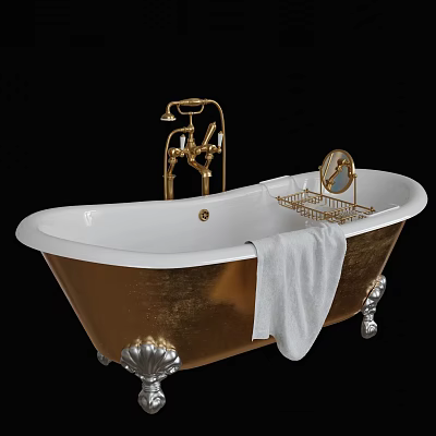 Gold and White Bathtub with Golden Faucet Metal Rack Mirror White Towel Decorative Silver Feet 3d model