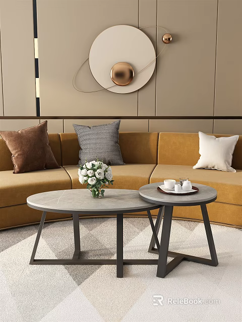 Round Coffee Tables with White Flower Bouquet Tea Set Living Room Beige Sofa Decorative Pillows 3d model 
