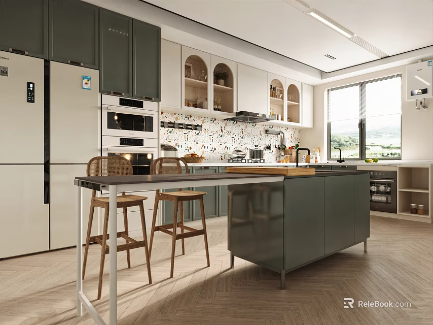 Modern Kitchen Interior Design With Island Counter Cabinets Appliances And Bar Stools 3d model 