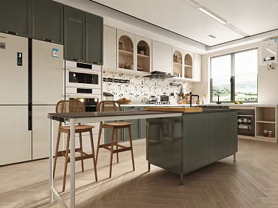 Modern Kitchen Interior Design With Island Counter Cabinets Appliances And Bar Stools 3d model