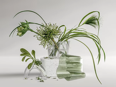 Transparent Glass Vase With Green Grasses And White Stacked Containers Decorative Indoor Plants 3d model