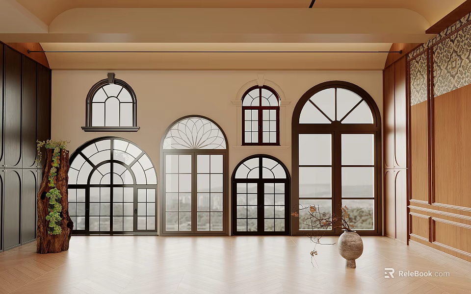 Elegant Interior With Arched Floor To Ceiling Windows And Wooden Floor 3d model 