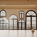 Elegant Interior With Arched Floor To Ceiling Windows And Wooden Floor
