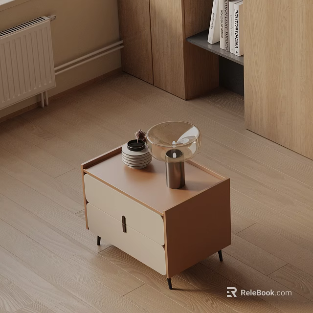Wooden Bedside Table With Stack of Plates And Transparent Lampshade Lamp On Wooden Floor 3d model 