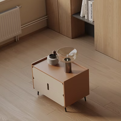 Wooden Bedside Table With Stack of Plates And Transparent Lampshade Lamp On Wooden Floor 3d model