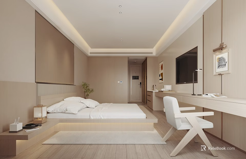 Minimalist Hotel Guest Room Interior With White Bed Desk Chair TV And Wooden Floor 3d model 
