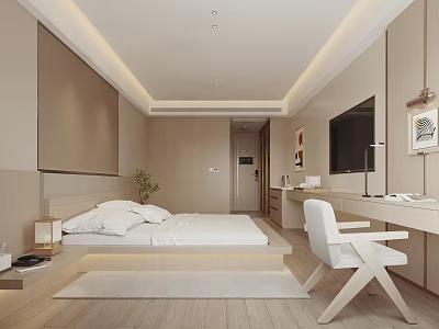 Minimalist Hotel Guest Room Interior With White Bed Desk Chair TV And Wooden Floor 3d model